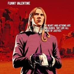 Rule 34 | 1boy, blonde hair, brown eyes, character name, closed mouth, english text, eyyobrar, funny valentine, gloves, highres, holding, jacket, jojo no kimyou na bouken, long hair, long sleeves, looking away, male focus, napkin, pink jacket, purple gloves, red background, red dead redemption, solo, steel ball run, upper body