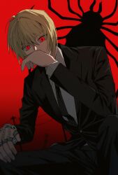 Rule 34 | 1boy, androgynous, black suit, blonde hair, bug, chain, covering own mouth, earrings, formal, from below, glowing, glowing eyes, hand over own mouth, highres, hunter x hunter, jewelry, kurapika, long sleeves, looking at viewer, male focus, necktie, official alternate costume, red eyes, short hair, simple background, solo, spider, suit, tokyo bbo