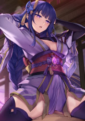 Rule 34 | 1boy, 1girl, arms behind head, arms up, blush, braid, breasts, bridal gauntlets, cleavage, genshin impact, girl on top, hair ornament, highres, japanese clothes, kimono, large breasts, long hair, long sleeves, looking down, low-braided long hair, low-tied long hair, mole, mole under eye, obi, off shoulder, parted lips, purple eyes, purple hair, purple kimono, purple thighhighs, raiden shogun, sash, shrug (clothing), sitting, sitting on person, solo focus, thighhighs, thighs, tsuki tokage, very long hair, vision (genshin impact), wide sleeves