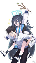 Rule 34 | 1boy, 1girl, absurdly long hair, absurdres, aris (blue archive), black eyes, black hair, black hairband, black pants, blue archive, blue eyes, blue necktie, blush, closed mouth, collared shirt, dated, green halo, hairband, halo, highres, jacket, long hair, long sleeves, necktie, one eye closed, one side up, open clothes, open jacket, open mouth, pants, ringed eyes, sensei (blue archive), shirt, short hair, signature, simple background, smile, very long hair, white background, white jacket, white shirt, zcx
