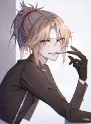 Rule 34 | 1girl, absurdres, bambi-25, black gloves, blonde hair, braid, brown jacket, commentary request, fang, fate/grand order, fate (series), from side, gloves, grey background, grin, hair ornament, hair scrunchie, hand up, highres, jacket, long hair, long sleeves, medium hair, mordred (fate), parted bangs, ponytail, red scrunchie, scrunchie, smile, solo, teeth, upper body, white background