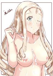 Rule 34 | 1girl, artist name, blonde hair, blush, breasts, cum, cum on body, cum on hair, dated, drill hair, facial, girls und panzer, green eyes, highres, holding, holding spoon, long hair, looking at viewer, malibu, marie (girls und panzer), nipples, nude, one eye closed, solo, spoon, upper body
