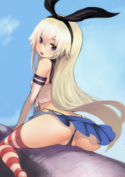 Rule 34 | 1girl, ass, black hairband, black panties, blonde hair, blue background, blue eyes, blue skirt, cleft of venus, elbow gloves, gloves, hairband, highres, johan (johan13), kantai collection, long hair, microskirt, panties, partially visible vulva, shimakaze (kancolle), sitting, skirt, solo, straddling, striped clothes, striped thighhighs, thighhighs, thong, underwear, white gloves