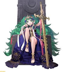 Rule 34 | 1girl, anklet, barefoot, braid, child, feet, fire emblem, fire emblem: three houses, full body, gem, green eyes, green hair, hair ornament, hand on own cheek, hand on own face, hand on sword, huge weapon, jewelry, kurahana chinatsu, legs folded, long hair, matching hair/eyes, nintendo, official art, pointy ears, ribbon, side braid, sitting, smile, solo, sothis (fire emblem), sword, throne, tiara, toes, twin braids, twintails, very long hair, watermark, weapon, white background