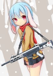 Rule 34 | 1girl, adaptive combat rifle, alternate costume, animal ears, aqua hair, assault rifle, bare tree, black skirt, blush, breasts, cardigan, closed mouth, commentary request, cowboy shot, dutch angle, eyes visible through hair, floppy ears, fn scar, grey background, gun, hair between eyes, highres, inon, light blush, long sleeves, looking at viewer, medium breasts, miniskirt, pleated skirt, rabbit ears, rabbit tail, red eyes, red scarf, reisen, rifle, scarf, short hair, skirt, snow, solo, standing, strap, tail, thighs, touhou, tree, weapon