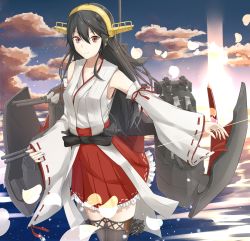 Rule 34 | 10s, 1girl, bad id, bad pixiv id, bare shoulders, black hair, brown eyes, cloud, cloudy sky, cowboy shot, detached sleeves, frilled skirt, frills, gen (gen 7254), gen withillust, hair ornament, hairband, haruna (kancolle), headgear, highres, japanese clothes, jewelry, kantai collection, lace, lace-trimmed legwear, lace trim, looking at viewer, machinery, nontraditional miko, ocean, petals, pleated skirt, red skirt, ribbon-trimmed sleeves, ribbon trim, ring, skirt, sky, solo, thighhighs, wedding band, wide sleeves, zettai ryouiki