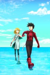 Rule 34 | 00s, 2boys, black hair, blonde hair, blue eyes, boots, bracelet, brown eyes, capelet, cloud, gloves, jewelry, lloyd irving, mithos yggdrasill, multiple boys, open mouth, pants, short hair, tales of (series), tales of symphonia, water