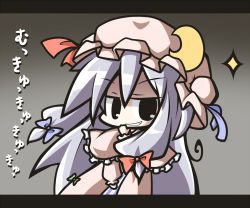 Rule 34 | 1girl, aoblue, black eyes, bow, chibi, crescent, female focus, grin, hair ribbon, hand on own face, hat, hat bow, laughing, long hair, mukyuu, patchouli knowledge, purple hair, ribbon, robe, smile, solo, touhou, translated