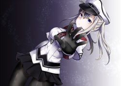 Rule 34 | 10s, 1girl, bad id, bad pixiv id, black pantyhose, black skirt, blue eyes, capelet, celtic knot, closed mouth, cowboy shot, cross, dutch angle, gloves, gradient background, graf zeppelin (kancolle), hair between eyes, hat, impossible clothes, impossible shirt, jacket, kantai collection, long sleeves, looking at viewer, mashiro aa, miniskirt, necktie, pantyhose, peaked cap, pleated skirt, purple eyes, red necktie, shirt, skirt, solo, spread fingers, twintails, white background