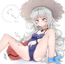 Rule 34 | 1girl, :o, ?, absurdres, ankle ribbon, azur lane, blue one-piece swimsuit, blue ribbon, blunt bangs, blush, breasts, cameltoe, clothes pull, cross, frilled swimsuit, frills, hair ornament, hat, highres, iron cross, jewelry, leg ribbon, leg tattoo, long hair, miyoko chan (myo kou), mole, mole under eye, necklace, one-piece swimsuit, one-piece swimsuit pull, ribbon, silver hair, sitting, small breasts, solo, spread legs, straw hat, swimsuit, tattoo, thought bubble, very long hair, yellow eyes, z46 (azur lane), z46 (her first summer) (azur lane)