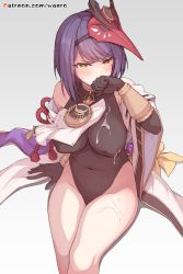 Rule 34 | 1girl, bare hips, bare legs, breasts, covered erect nipples, cum, cum on body, cum on breasts, cum on upper body, female focus, genshin impact, impossible clothes, japanese clothes, kujou sara, large breasts, legs together, leotard, mask, mask on head, navel, purple hair, sitting, skin tight, skindentation, solo, waero, watermark, web address, wiping mouth, yellow eyes