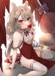 Rule 34 | 1girl, animal ears, arm support, bare shoulders, blush, broken heart, brown hair, candy, closed mouth, commentary request, dress, food, hair between eyes, heart, heart-shaped lollipop, highres, holding, holding candy, holding food, holding lollipop, lollipop, long hair, looking at viewer, no shoes, o-ring, original, red dress, red eyes, shaped lollipop, shikino yuki, sitting, solo, thighhighs, tongue, tongue out, very long hair, wariza, white thighhighs