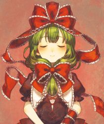 Rule 34 | 1girl, bad id, bad twitter id, blunt bangs, blush, bow, closed eyes, closed mouth, collar, collared dress, commentary, dress, frilled collar, frills, front ponytail, green hair, hair bow, hair ribbon, kagiyama hina, puffy short sleeves, puffy sleeves, red background, red bow, red ribbon, ribbon, sasasasa, short sleeves, simple background, smile, solo, touhou