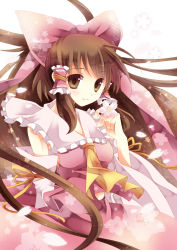 1girl ascot blush bow brown_eyes brown_hair cherry_blossoms detached_sleeves female_focus hair_bow hair_tubes hakurei_reimu japanese_clothes long_hair miko mineko petals ribbon smile solo touhou