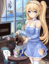 Rule 34 | 1girl, bare shoulders, blonde hair, blue eyes, choker, creatures (company), crossover, detached sleeves, energy drink, game freak, gen 2 pokemon, headset, highres, legendary pokemon, long hair, looking at viewer, monikano, nintendo, nissin cup noodle, pokemon, pokemon (creature), red bull, rta-chan, rta in japan, solo, suicune, thighhighs, twintails, white thighhighs, window