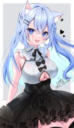 Rule 34 | 1girl, :d, animal ear fluff, animal ears, bare arms, bare shoulders, black bow, black skirt, black thighhighs, blue eyes, blue hair, bow, breasts, cat ears, clothing cutout, collared shirt, commission, cowboy shot, fang, frilled shirt, frills, hair ornament, hairclip, high-waist skirt, highres, lace, lace-trimmed shirt, lace trim, large breasts, long hair, looking at viewer, neck ribbon, open mouth, original, ribbon, shirt, skeb commission, skirt, sleeveless, sleeveless shirt, smile, solo, thighhighs, underboob, underboob cutout, white shirt, yoruhoshi owl, zettai ryouiki