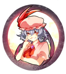 Rule 34 | 1girl, ascot, bat wings, blouse, blue hair, bow, brooch, female focus, framed, grey hair, grin, hat, highres, jewelry, red eyes, remilia scarlet, shirt, short hair, smile, solo, touhou, tsukimoto aoi, upper body, wings