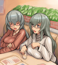 Rule 34 | 00s, 2girls, bespectacled, blush, breast rest, breasts, casual, drink, closed eyes, glasses, huge breasts, long hair, multiple girls, aged up, open mouth, pink eyes, restaurant, rozen maiden, siblings, silver hair, sisters, suigintou, sweatdrop, tsuda nanafushi