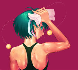 Rule 34 | 1girl, antennae, arm up, back, blue eyes, doi tabasuko, dripping, from behind, green hair, hagoromo lala, hand on own head, looking back, pink towel, precure, red background, short hair, sportswear, star twinkle precure, sweat, towel, wet, wiping