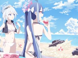 Rule 34 | 2girls, :d, absurdres, aimpoleume, alternate costume, antenna hair, ass, bare back, beach, beach umbrella, bikini, black bikini, black hair, blue archive, blue eyes, blue sky, blurry, bow, braid, breasts, cleavage, cloud, cloudy sky, commentary request, depth of field, doughnut, food, fubuki (blue archive), groin, hair between eyes, hair bow, hair ribbon, halo, hat, highres, holding, holding food, holding whistle, horizon, kirino (blue archive), long hair, looking at another, low twin braids, low twintails, medium breasts, military vehicle, motor vehicle, multicolored hair, multiple girls, navel, ocean, open mouth, outdoors, pastry box, police, police hat, police uniform, policewoman, red eyes, ribbon, side-tie bikini bottom, sidelocks, sky, sleeveless, smile, stomach, streaked hair, swimsuit, tank, twin braids, twintails, two-tone hair, umbrella, uniform, whistle, whistle around neck, white bikini, white hair
