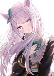 Rule 34 | 1girl, absurdres, animal ears, black jacket, blush, bow, ear bow, frilled jacket, frilled sleeves, frills, green bow, highres, horse ears, horse girl, jacket, long hair, long sleeves, looking at viewer, mejiro mcqueen (umamusume), mikami hotaka, open mouth, purple eyes, purple hair, simple background, solo, umamusume, upper body, white background