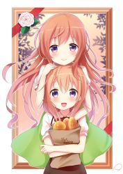Rule 34 | 2girls, :d, artist name, bag, black skirt, bow, bowtie, bread, closed mouth, collared shirt, commentary request, flower, food, framed, gochuumon wa usagi desu ka?, hand on another&#039;s head, highres, holding, holding bag, hoto cocoa, hoto mocha, looking at viewer, multiple girls, open mouth, orange hair, paper bag, pink vest, piripun, purple eyes, rabbit house uniform, red bow, red bowtie, rose, shirt, short sleeves, siblings, sidelocks, signature, sisters, skirt, smile, vest, white shirt, wing collar