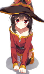 Rule 34 | 10s, 1girl, bandaged leg, bandages, black hair, black thighhighs, blush, boots, brown footwear, collarbone, dress, hat, kneeling, kono subarashii sekai ni shukufuku wo!, looking at viewer, megumin, off shoulder, parted lips, red dress, red eyes, seki (l0410706268), short dress, short hair with long locks, simple background, single thighhigh, solo, thighhighs, white background, witch, witch hat