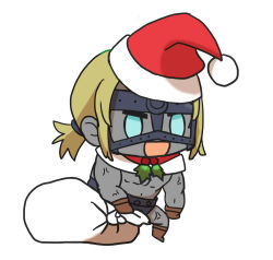 Rule 34 | 1boy, :d, alternate costume, blonde hair, blue eyes, blush, brown footwear, chibi, christmas, colored skin, fate/grand order, fate (series), gift bag, grey skin, hat, highres, holding, holding sack, kkeiixxx, long sleeves, male focus, meme, muscular, muscular male, no pupils, open mouth, padoru (meme), red hat, sack, santa costume, santa hat, simple background, smile, solo, spartacus (fate), white background