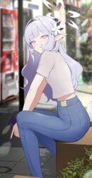 Rule 34 | 1girl, alternate costume, black hairband, blue archive, blue pants, cellphone, day, denim, earrings, grey hair, hairband, halo, highres, himari (blue archive), holding, holding phone, jewelry, long hair, looking at viewer, outdoors, pants, parted lips, phone, pointy ears, purple eyes, purple halo, shirt, short sleeves, smartphone, solo, striped clothes, striped hairband, white shirt, zanya 000