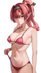Rule 34 | 1girl, absurdres, bikini, breasts, bright pupils, closed mouth, hair ornament, hairband, highres, long hair, mole, naifu taihen, navel, pointy ears, purple eyes, red bikini, red hair, solo, swimsuit, white background, wuthering waves, yinlin (wuthering waves)