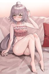 Rule 34 | 1girl, ahoge, ass, bad id, bad pixiv id, bare shoulders, barefoot, blush, breasts, closed mouth, collarbone, commentary request, fate/grand order, fate (series), feet, gradient background, grey hair, hair between eyes, highres, jeanne d&#039;arc (fate), jeanne d&#039;arc alter (fate), jeanne d&#039;arc alter santa lily (fate), knees up, legs, lingerie, long hair, looking at viewer, panties, pillow, pink panties, pout, puffy cheeks, sitting, small breasts, solo, suou-sensei, underwear, very long hair, yellow eyes