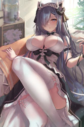 Rule 34 | 1girl, absurdres, august von parseval (azur lane), august von parseval (the conquered unhulde) (azur lane), azur lane, blue eyes, blue hair, blush, breasts, curled horns, highres, horns, large breasts, long hair, looking at viewer, mechanical horns, official alternate costume, satou aji, solo