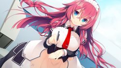 Rule 34 | 1girl, blue eyes, blush, breasts, closed mouth, female focus, floating hair, game cg, hair between eyes, hands up, holding, holding pen, indoors, large breasts, long hair, looking at viewer, maid, maid headdress, necktie, nose blush, original, pen, pero, red hair, red necktie, shiraha kirameku koi shirabe, smile, solo, standing, tsukitachibana hime, usume shirou