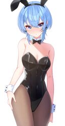 Rule 34 | 1girl, absurdres, alternate costume, animal ears, black bow, black bowtie, black leotard, black pantyhose, blue eyes, blue hair, blush, bow, bow earrings, bowtie, breasts, cleavage, collar, detached collar, earrings, fake animal ears, highres, hololive, hoshimachi suisei, jewelry, leotard, looking at viewer, medium hair, pantyhose, playboy bunny, rabbit ears, small breasts, solo, star (symbol), star in eye, strapless, strapless leotard, symbol in eye, tsumurimai, virtual youtuber, white background, white collar, white wrist cuffs, wrist cuffs
