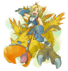 Rule 34 | 1boy, bare shoulders, beak, bird, blonde hair, blue eyes, blue pants, blue vest, boots, chocobo, final fantasy, final fantasy ix, frilled shirt collar, frills, holding, holding reins, holding sword, holding weapon, long hair, low ponytail, male focus, monkey tail, neck ribbon, open mouth, outstretched arm, pants, parted bangs, reins, ribbon, riding, riding animal, shirt, sleeveless, sleeveless shirt, square enix, sword, tail, talons, teeth, tongue, torimaru-douhu, upper teeth only, vest, weapon, white background, white shirt, wrist cuffs, zidane tribal