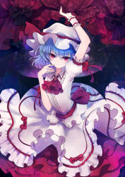 Rule 34 | 1girl, 6 yin, arm up, ascot, bat wings, blue hair, brooch, curtain grab, curtains, finger to face, frilled skirt, frills, gradient background, hat, hat ribbon, jewelry, looking at viewer, mob cap, puffy short sleeves, puffy sleeves, red eyes, remilia scarlet, ribbon, short hair, short sleeves, skirt, skirt set, smile, solo, touhou, wings, wrist cuffs