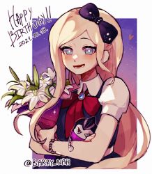 Rule 34 | 1girl, artist name, barry nah, black bow, black vest, blonde hair, blush, bouquet, bow, character doll, danganronpa (series), danganronpa 2: goodbye despair, dated, flower, hair bow, happy birthday, highres, holding, holding bouquet, long hair, lower teeth only, open mouth, outside border, puffy short sleeves, puffy sleeves, red bow, red neckwear, short sleeves, smile, solo, sonia nevermind, tanaka gundham, teeth, upper body, vest