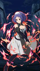 Rule 34 | 10s, 1girl, blue hair, breasts, chess belle, cleavage, fang, fang out, holding, holding sword, holding weapon, owari no seraph, red eyes, short hair, solo, standing, sword, tagme, thighhighs, weapon