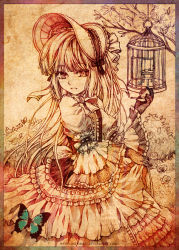 Rule 34 | 1girl, birdcage, bonnet, border, bow, bowtie, branch, brooch, bug, butterfly, cage, charcoal (medium), clothes grab, dress, flower, frilled dress, frilled sleeves, frills, gloves, gosick, gown, graphite (medium), insect, jewelry, kuridoki, light smile, lolita fashion, long hair, monochrome, rose, sepia, smoking pipe, traditional media, victorica de blois, watermark, web address, wide sleeves