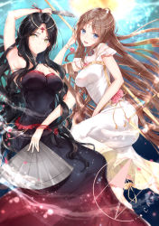 Rule 34 | 2girls, :d, absurdres, arm up, bare shoulders, black dress, black hair, blue background, blue eyes, blush, breasts, brown hair, cain art811, cleavage, dress, dual wielding, expressionless, flower, folding fan, gold trim, hand fan, highres, holding, long hair, looking at viewer, multiple girls, open mouth, original, smile, very long hair, white dress, yellow eyes