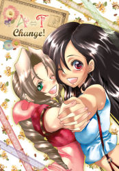Rule 34 | 1990s (style), 2girls, aerith gainsborough, black hair, brown hair, dress, earrings, female focus, final fantasy, final fantasy vii, green eyes, holding hands, jacket, jewelry, long hair, multiple girls, one eye closed, open mouth, pink ribbon, ponytail, red eyes, retro artstyle, ribbon, square enix, suspenders, tank top, tifa lockhart, torimeiro, wink