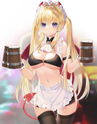 Rule 34 | 1girl, apron, barmaid, bat wings, beer mug, bikini, blonde hair, blue eyes, blurry, blurry background, breasts, closed mouth, cowboy shot, cup, demon tail, highres, holding, holding cup, long hair, looking at viewer, maid, maid bikini, maid headdress, medium breasts, mug, mvv, navel, original, sidelocks, solo, swimsuit, tail, thighhighs, twintails, unconventional maid, waist apron, white apron, wings