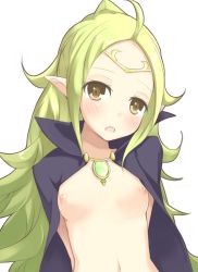 Rule 34 | 1girl, ahoge, arms behind back, bad id, bad pixiv id, blonde hair, blush, breasts, breasts apart, brown eyes, cape, cloak, fire emblem, fire emblem awakening, kuro (be ok), long hair, looking at viewer, naked cape, naked cloak, navel, nintendo, nipples, nowi (fire emblem), open clothes, open mouth, open shirt, pointy ears, shirt, simple background, small areolae, small breasts, small nipples, solo, tiara, upper body, white background, yellow eyes