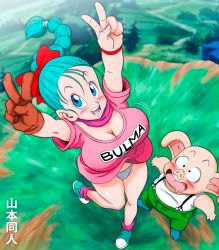 Rule 34 | 1boy, 1girl, absurdres, blue eyes, blue hair, blue panties, blush, breasts, bulma, cleavage, double v, dragon ball, dragon ball (classic), gloves, highres, large breasts, looking at viewer, looking up, navel, oolong, open mouth, panties, pig, pink shirt, polka dot, polka dot panties, ponytail, shirt, shoes, single glove, suspenders, teeth, text focus, underwear, v, yamamoto doujin