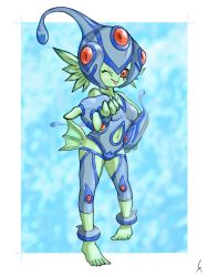 Rule 34 | 1girl, armor, breasts, clothing cutout, colored skin, digimon, fish girl, full body, green skin, helmet, highres, navel cutout, one-piece swimsuit, one eye closed, ranamon, red eyes, swimsuit, tongue, tongue out, wink