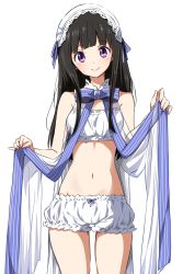 Rule 34 | 1girl, bare shoulders, black hair, bow, bowtie, chitanda eru, commentary request, highres, holding, holding bow (ornament), holding bowtie, hyouka, long hair, looking at viewer, navel, purple eyes, ragho no erika, simple background, smile, solo, striped bow, striped bowtie, striped clothes, striped neckwear, underwear, underwear only, white background, white headdress