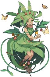 Rule 34 | 1girl, artist request, bare shoulders, berry, blush, blush stickers, breasts, brown footwear, bug, butterfly, challua (world flipper), collarbone, dark-skinned female, dark skin, dirt, dress, dryad, female focus, flower, full body, green dress, green eyes, green hair, hand up, happy, highres, insect, invisible chair, knees together feet apart, long hair, looking at viewer, matching hair/eyes, monster girl, non-web source, official art, open mouth, plant, plant girl, plant hair, pointy ears, red flower, sidelocks, simple background, single strap, sitting, sleeveless, sleeveless dress, small breasts, smile, solo, teeth, transparent background, vines, world flipper, yellow flower