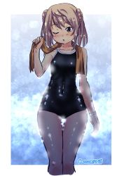 Rule 34 | 1girl, black one-piece swimsuit, brown eyes, collarbone, competition school swimsuit, covered navel, cowboy shot, dress, flat chest, highres, kantai collection, light brown hair, michishio (kancolle), one-piece swimsuit, one eye closed, open mouth, orange towel, pinafore dress, school swimsuit, short twintails, sleeveless dress, solo, standing, swimsuit, tennouji masamichi, thigh gap, towel, towel around neck, twintails, twitter username, wet, wide hips