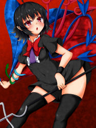 Rule 34 | 1girl, asymmetrical wings, black dress, black hair, black thighhighs, bow, cloak, daichi (tokoya), dress, gradient background, highres, houjuu nue, looking at viewer, open mouth, pointy ears, polearm, red eyes, short hair, short sleeves, snake, solo, thighhighs, tokoya, touhou, trident, weapon, wide hips, wings, zettai ryouiki