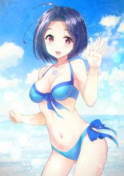 Rule 34 | 1girl, :d, antenna hair, arm up, bikini, blue bikini, blue hair, blue sky, blush, breasts, cleavage, cloud, collarbone, flower, flower bracelet, flower necklace, front-tie bikini top, front-tie top, gluteal fold, idolmaster, idolmaster (classic), idolmaster million live!, idolmaster million live! theater days, jewelry, looking at viewer, medium breasts, miura azusa, navel, necklace, ocean, open mouth, outdoors, red eyes, short hair, side-tie bikini bottom, sky, smile, sparkle, swimsuit, thighhighs, vesper (pixiv3568), water, waving